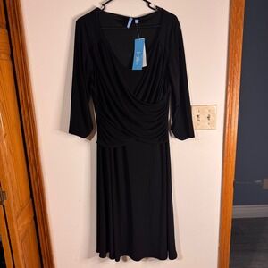 b-Slim Black Ruched Faux Wrap Midi Dress 3/4 Sleeve V Neck Women's L w/shapewear